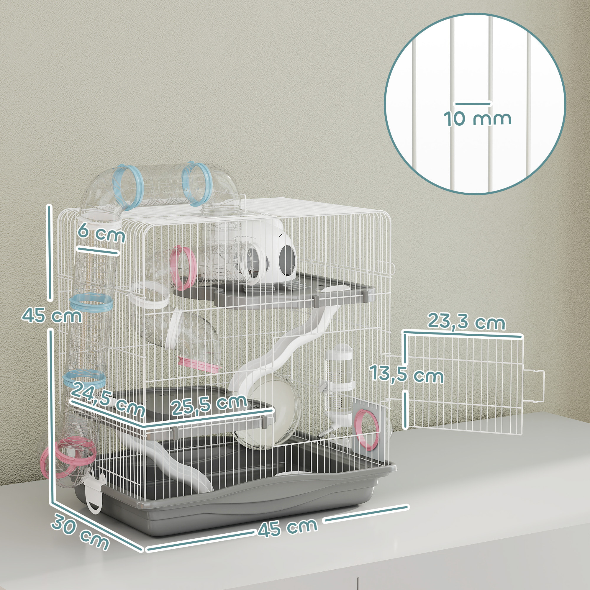 Jaula para Hámster, 45x30x45 cm, Casa para Animales Pequeños con Túnel, Plataformas, Cuenco, Bebedero, Casita, Rampas y Rueda de Ejercicio, para Hámsteres Enanos, Jerbos, Gris