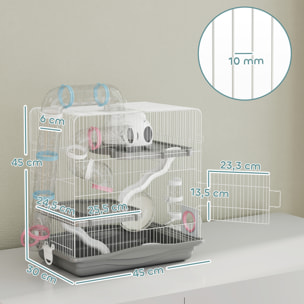 Jaula para Hámster, 45x30x45 cm, Casa para Animales Pequeños con Túnel, Plataformas, Cuenco, Bebedero, Casita, Rampas y Rueda de Ejercicio, para Hámsteres Enanos, Jerbos, Gris