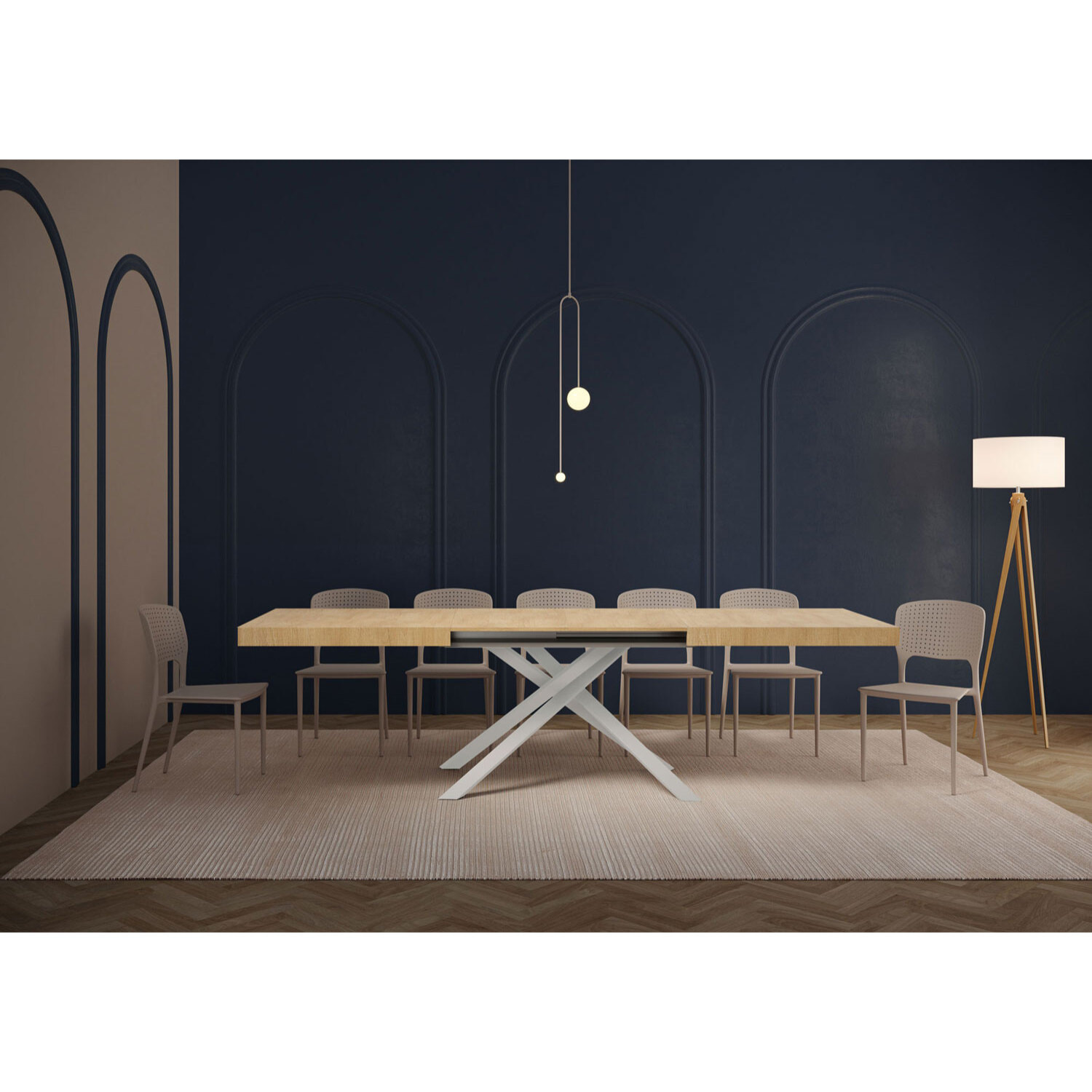 Table extensible 90x200/304cm Karida chêne nature pieds blanc