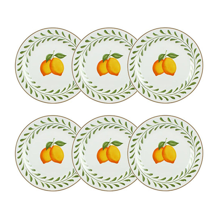 Lot de 6 assiettes plates 26,5cm en porcelaine à imprimé citron LEMON