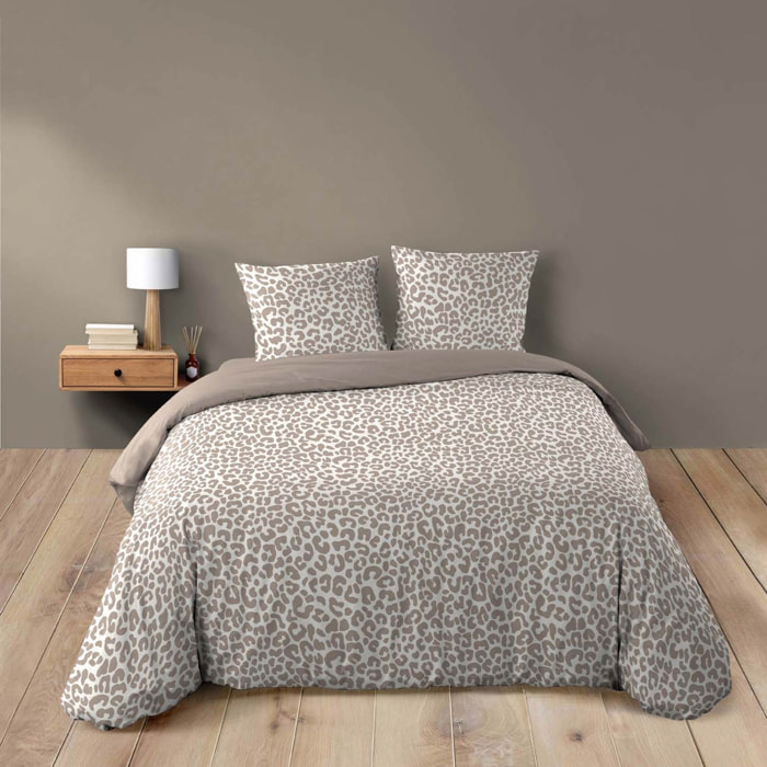 Parure de lit 3 pièces 100 % coton imprimé léopard housse + taies - Naturel