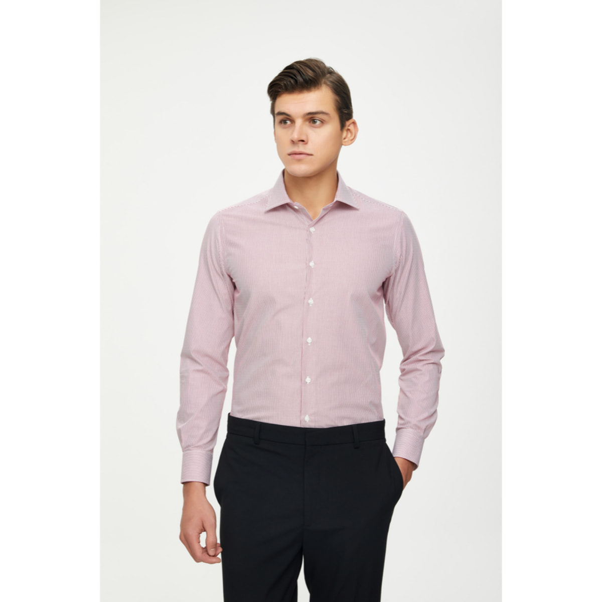 Camicia Uomo 1 Bottone Francese Slim Cotone Riga Stretta Rosso Bordeaux/Bianco