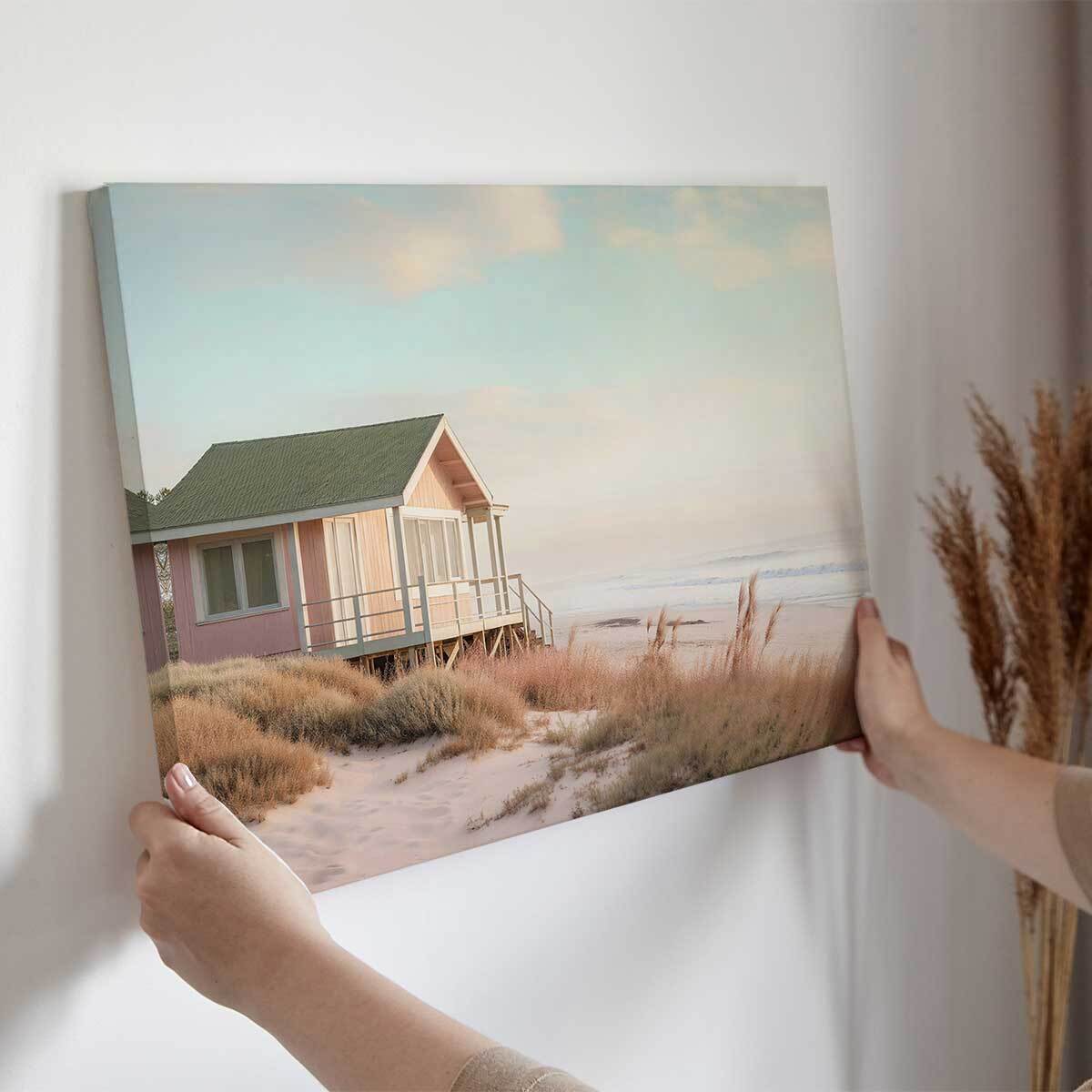 Tableau mer et plage Cabane rose Toile imprimée