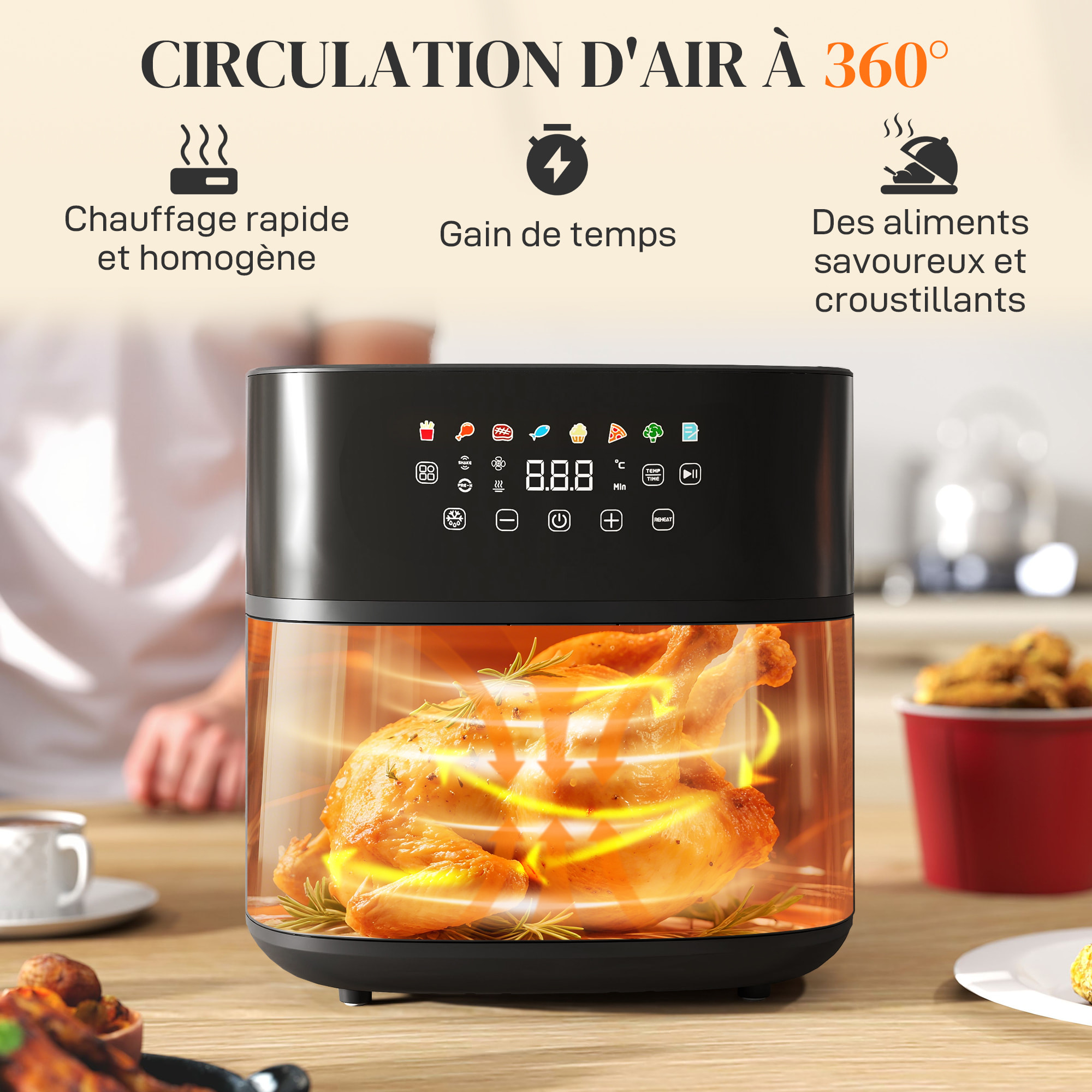 Friteuse à air friteuse sans huile air fryer 1700W 8L 8 prog. écran tactile LED multifonction noir