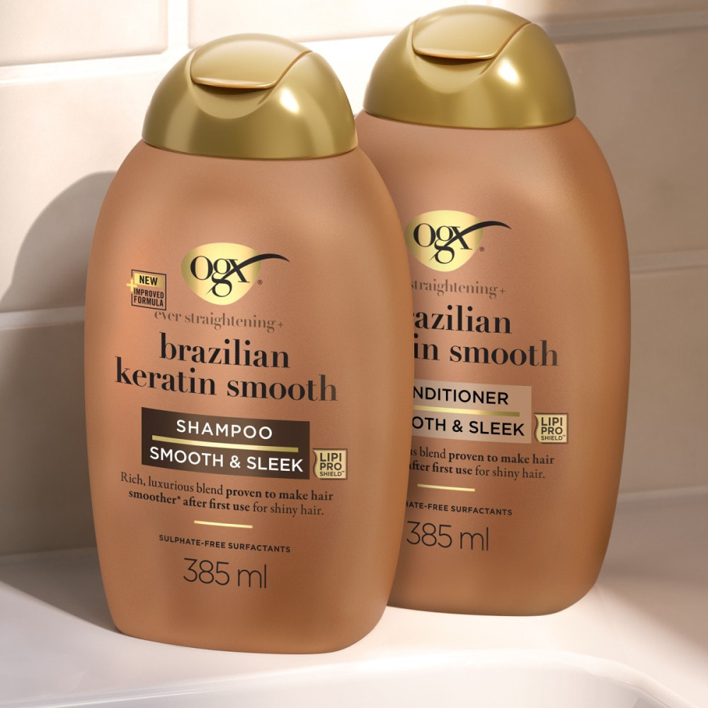 OGX Shampooing Kératine Lissage Brésilien, 385ml – Soin capillaire lissant à la kératine pour des cheveux brillants – Shampoing