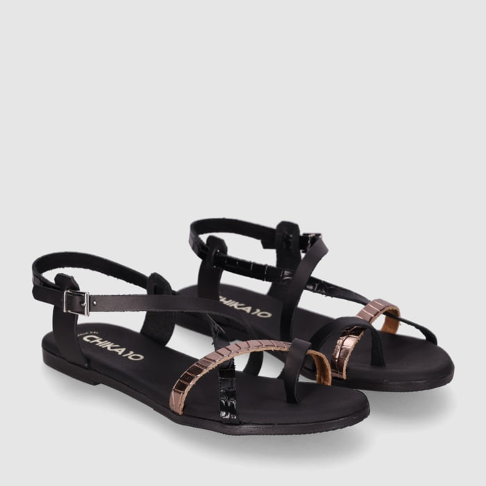 Sandalias de Piel - Negro - Tacón: Bajo