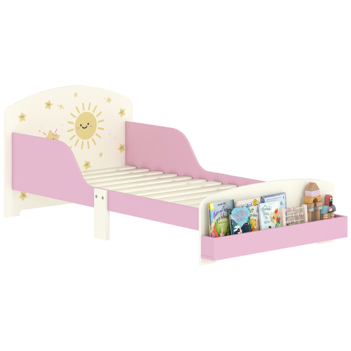 Cama infantil 70x140 cm de Madera con Almacenaje Cama para Niños de +3 Años con Protección Anticaída Cabecero en Dibujos de Estrellas Carga 40 kg para Dormitorio Rosa