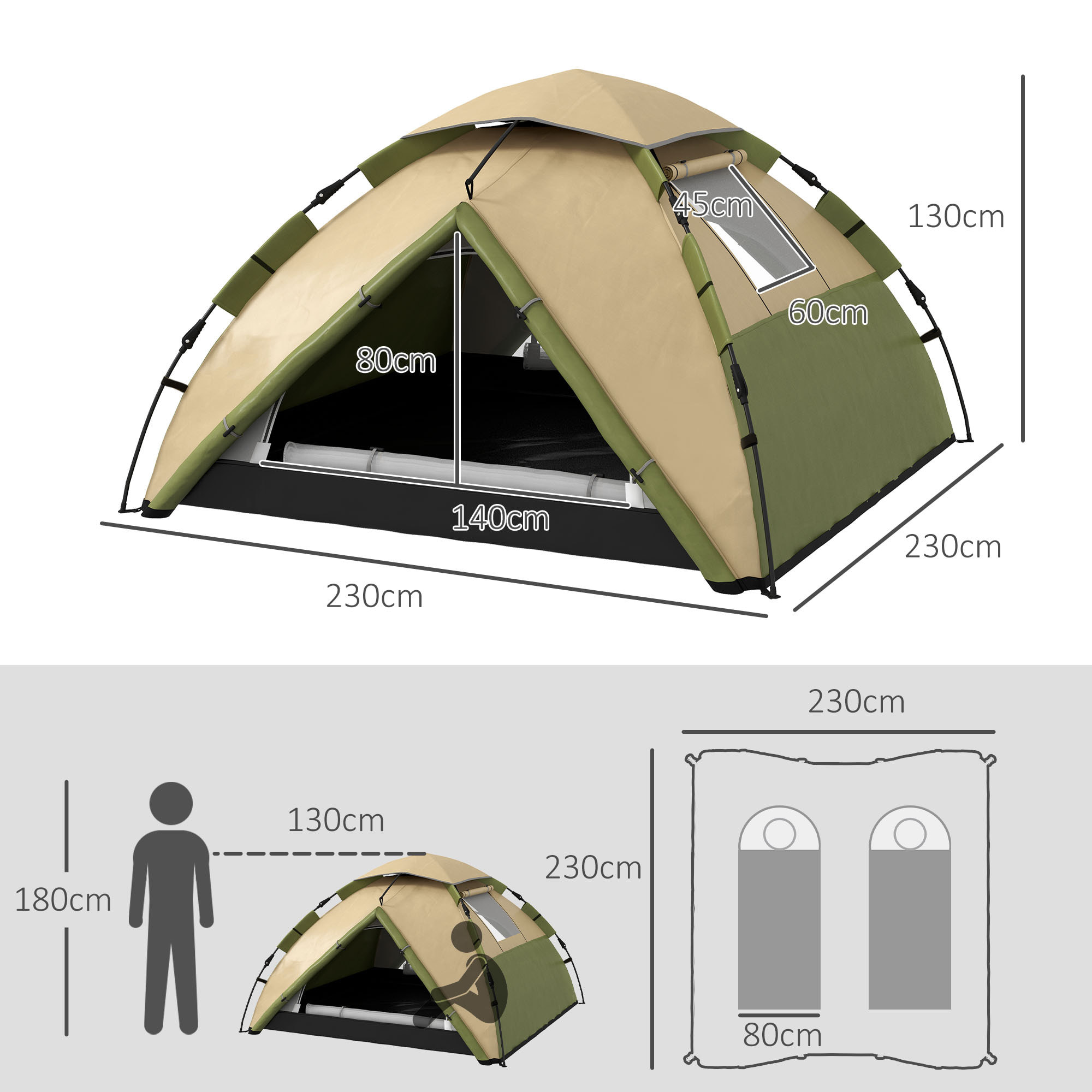 Tente de camping familiale 3-4 pers. tente dôme étanche 2000 mm sac de transport vert marron