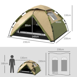 Tente de camping familiale 3-4 pers. tente dôme étanche 2000 mm sac de transport vert marron