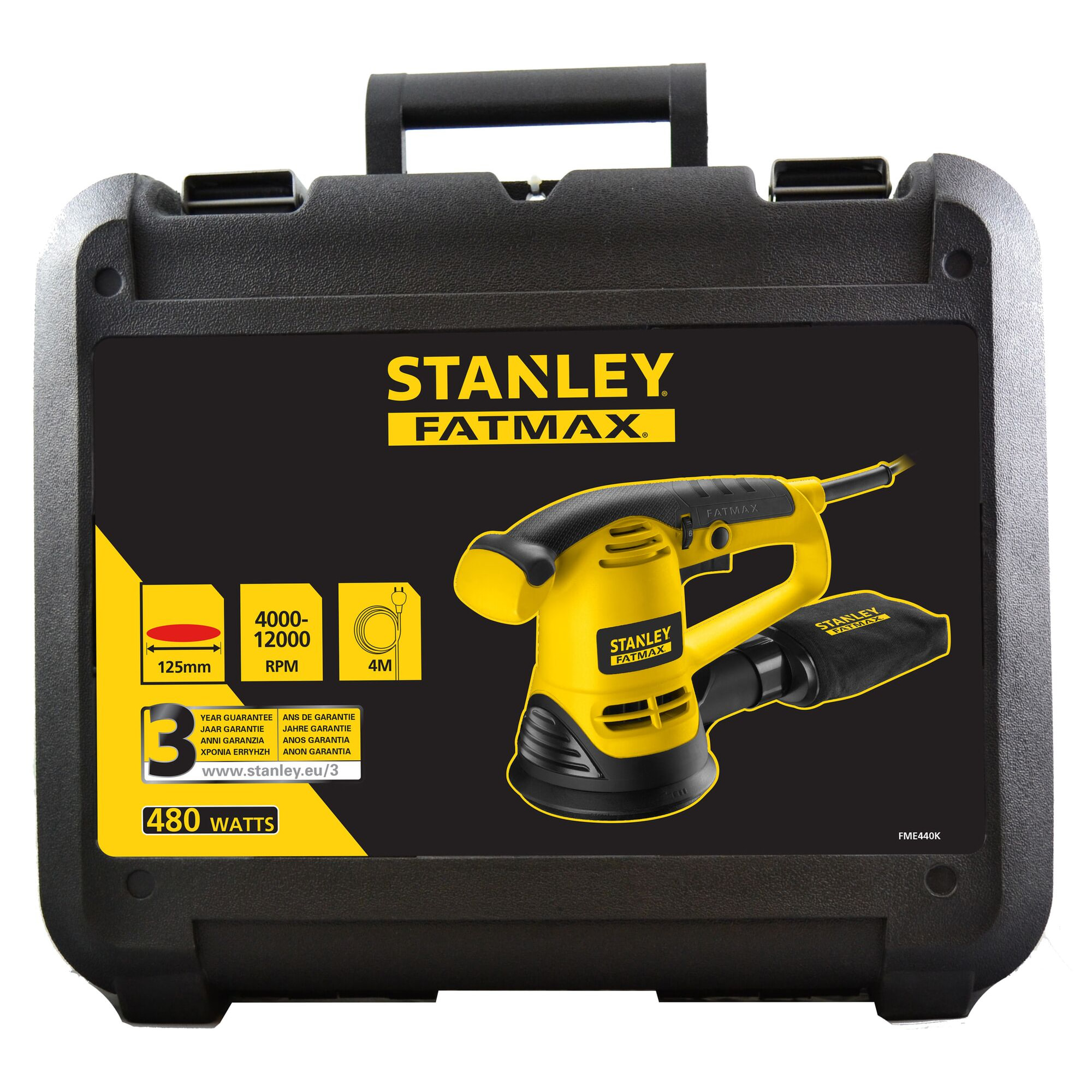 Ponceuse Excentrique Filaire STANLEY FATMAX FME440K-QS 480W 125 mm Vitesse Variable et Poignée Avant Revêtement Grip, Livré en Coffret de Transport