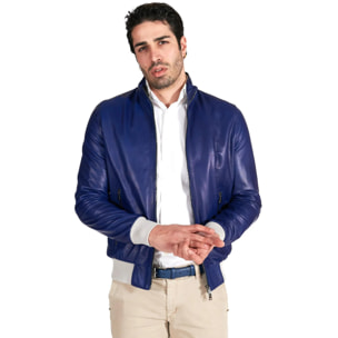 Giubbotto bomber in pelle naturale blu elettrico collo coreana