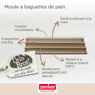 Set pâtisserie avec moule perforé 3 baguettes 38,5 x 24,6 cm en acier, 2 bols à mixer, verre mesureur et spatule Zenker