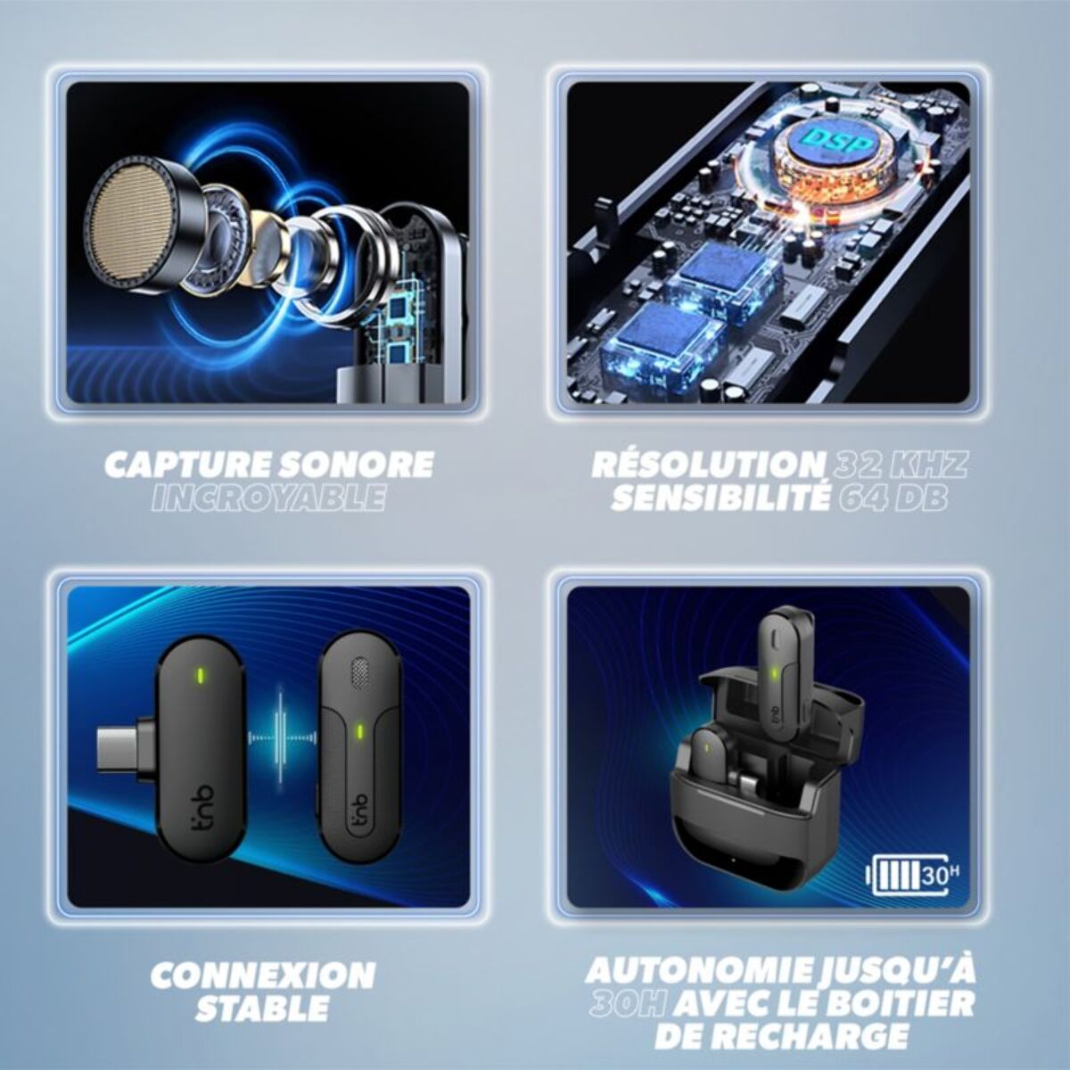 Micro cravate sans fil TNB sans fil avec boitier de charge noir