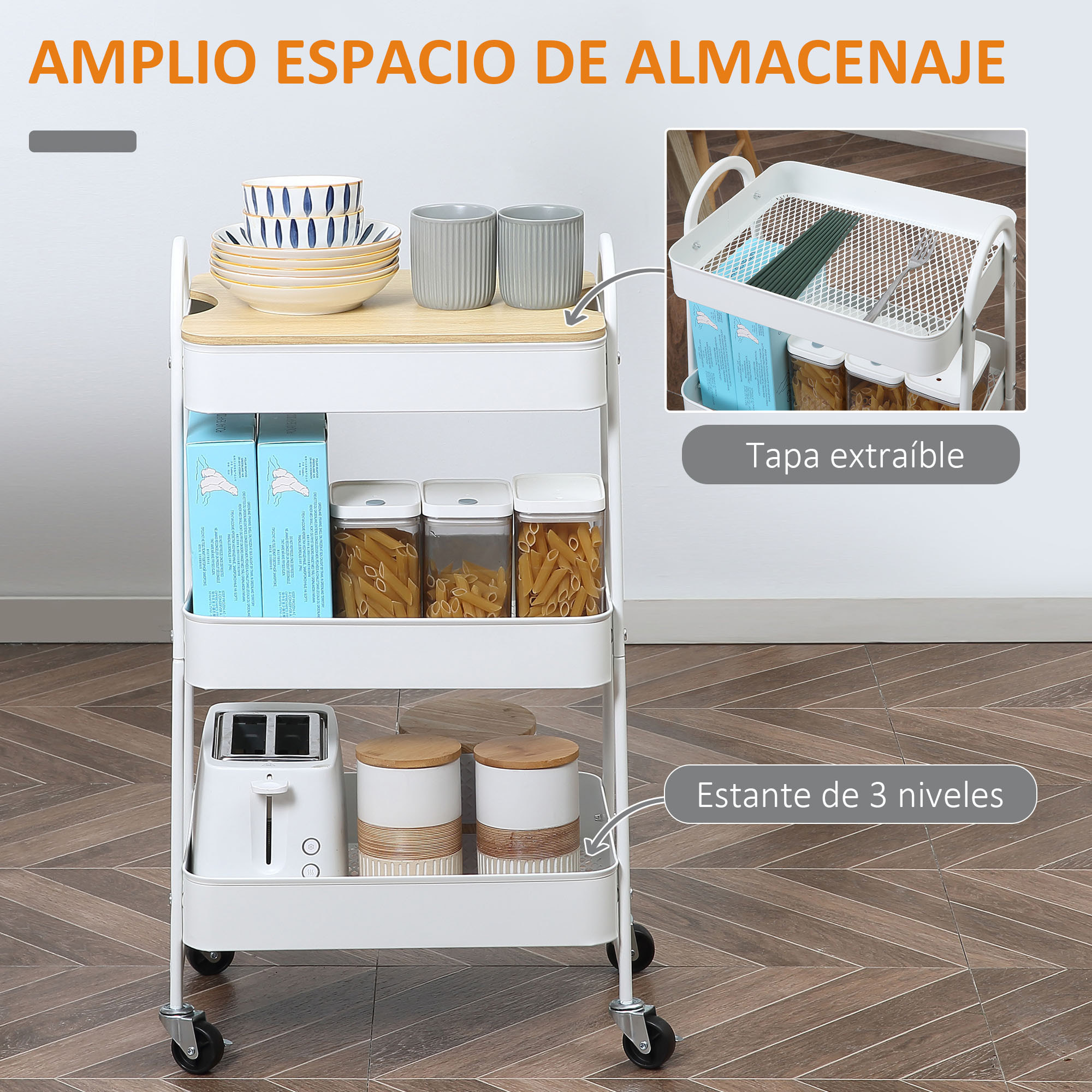 Carrito Auxiliar con Ruedas de 3 Niveles, Carrito de Cocina con 3 Cestas de Acero y 1 Placa de Cubierta, para Comedor, Sala Baño, 45x31x79,4 cm, Blanco
