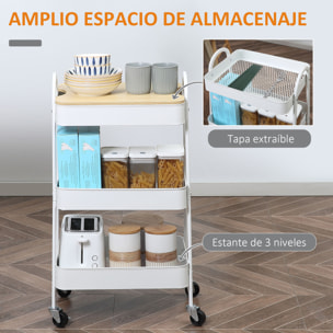 Carrito Auxiliar con Ruedas de 3 Niveles, Carrito de Cocina con 3 Cestas de Acero y 1 Placa de Cubierta, para Comedor, Sala Baño, 45x31x79,4 cm, Blanco