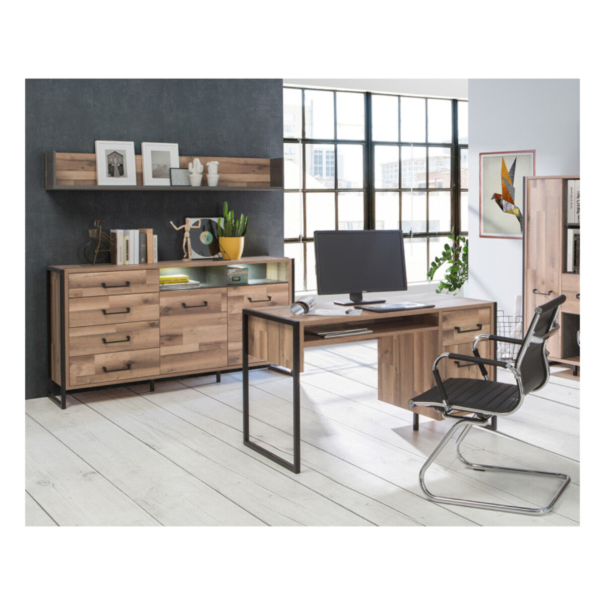 Petit bureau effet bois & métal noir 1 porte 1 tiroir L129cm - BUDDY