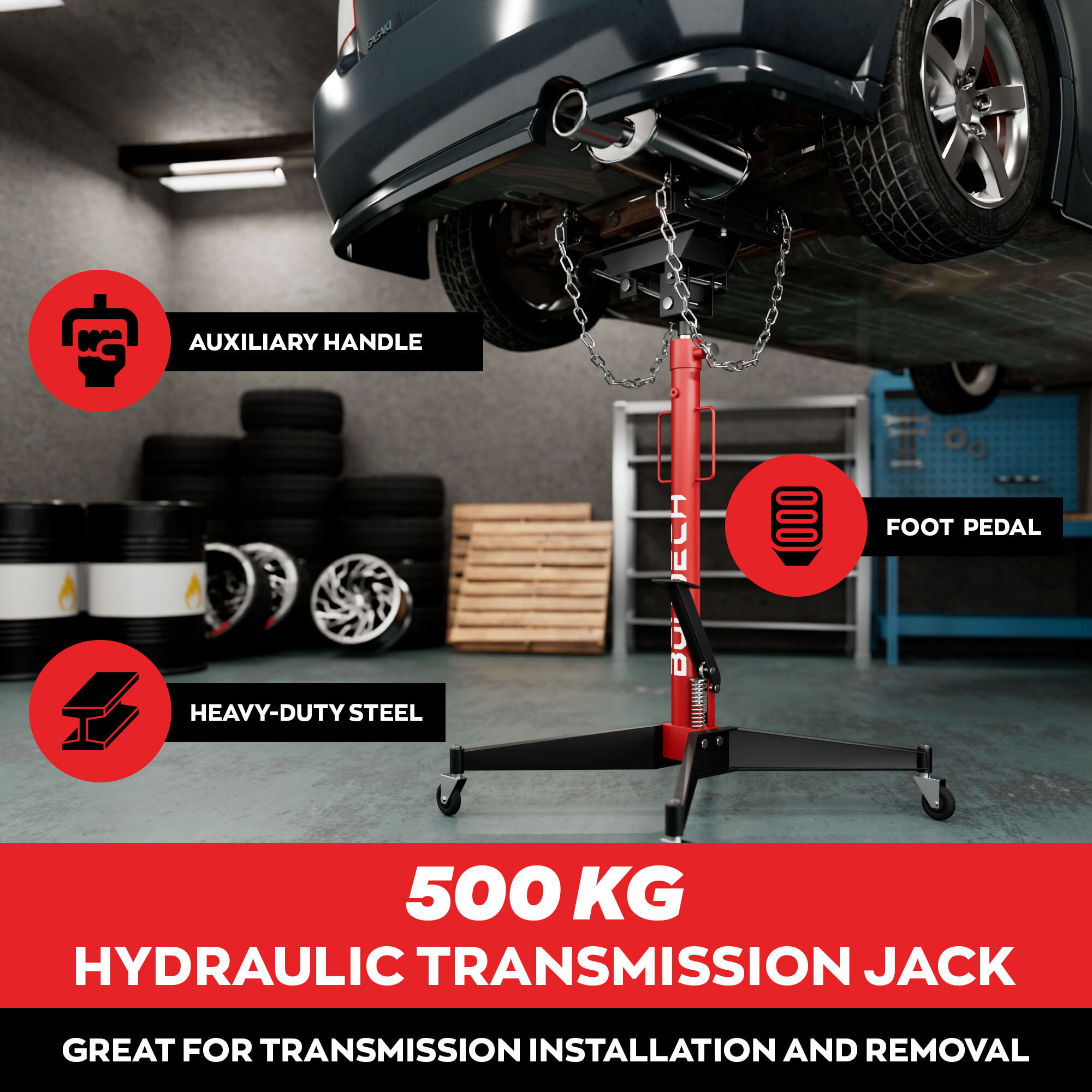 Hack - Sollevatore idraulico da Fossa max 500Kg H210 cm per Trasmissione Motore Auto con Ruote in Acciaio Rosso