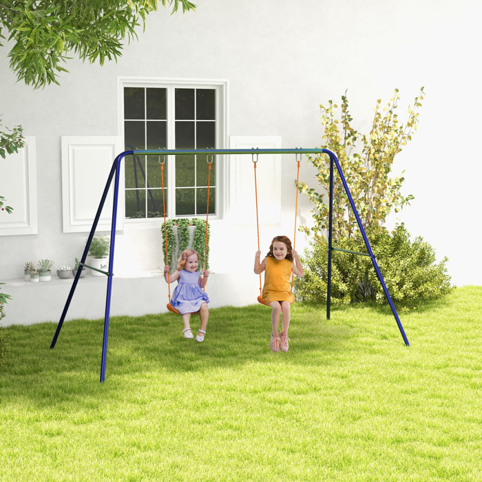 Balançoire 2 agrès portique avec 2 balançoires dim. 2,69L x 1,6l x 1,8H m métal époxy anticorrosion vert bleu PP orange