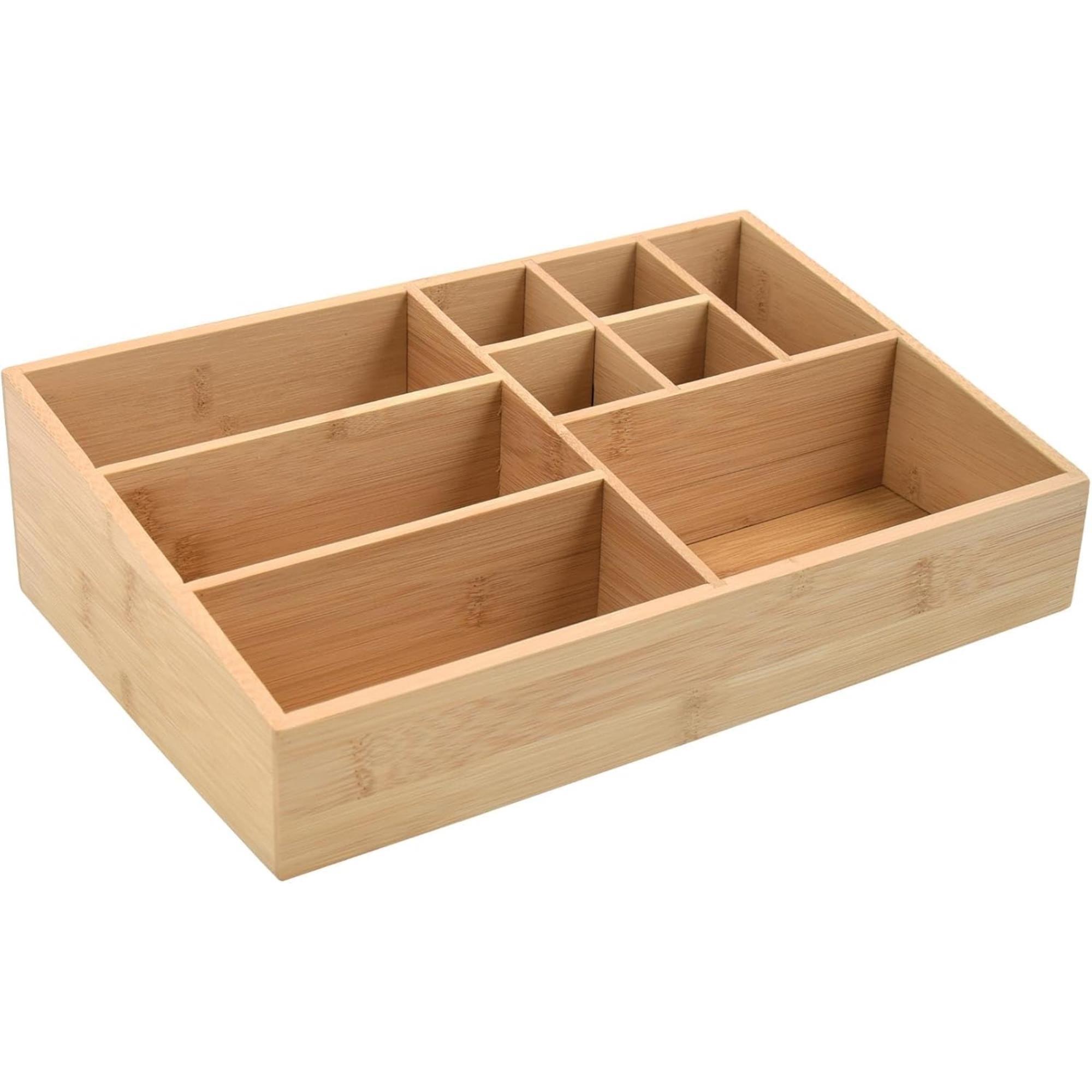 Organizador de Maquillaje 10 Compartimentos de Bambú Beige – Ecológico, Multifuncional y Elegante para Tocador o Escritorio