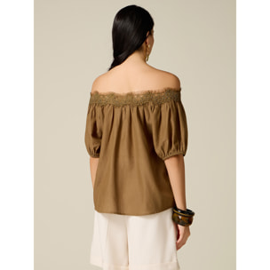 Oltre - Blusa off shoulders con pizzo - Marrone