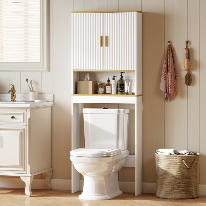 Estantería para Baño sobre Inodoro, Mueble Organizador de Baño de 3 Niveles con Estante Abierto, 2 Puertas y Estante Ajustable, 64x20x170,5 cm, Blanco