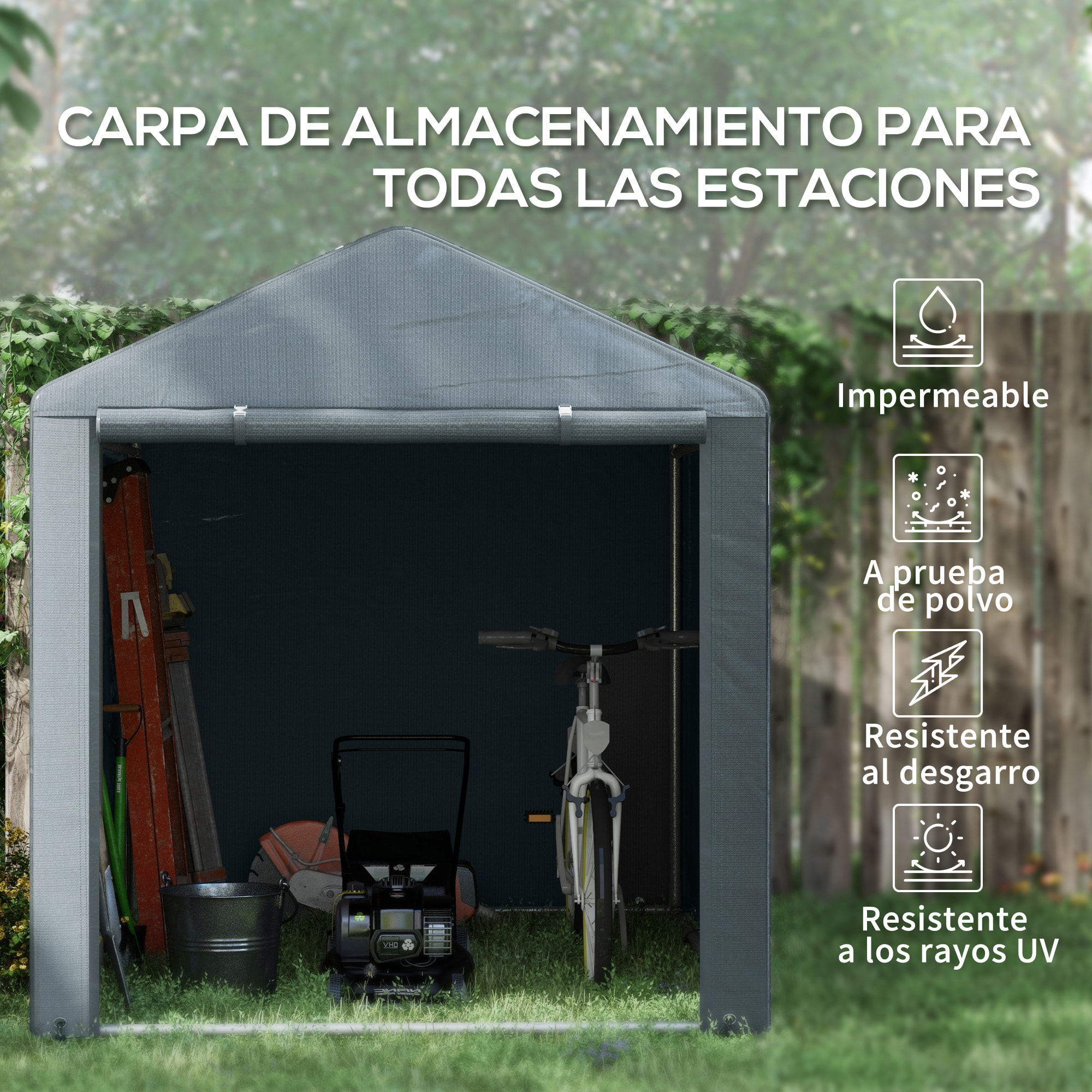 Carpa para Herramientas Bicicletas y Motos 1,6x2,2x1,7 m Garaje Portátil con 2 Habitaciones Puerta con Cremallera Impermeable Anti-UV Cochera Portátil para Jardín Gris Oscuro