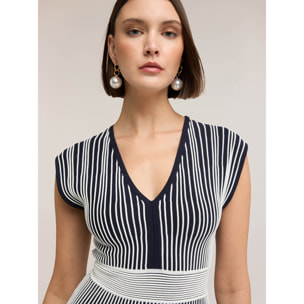 Motivi - Vestido flare de punto a rayas - Azul