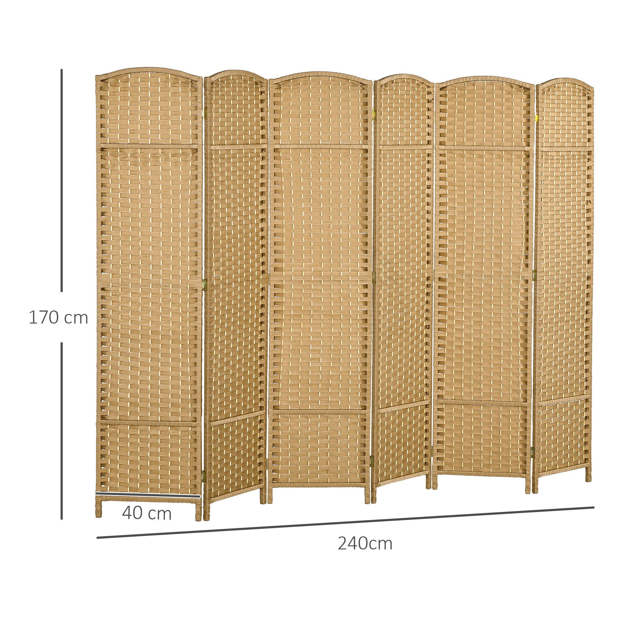 Paravent intérieur pliable 6 panneaux 240 x 170 cm - séparateur de pièce finition tressée - PP  bois pin naturel