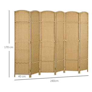 Paravent intérieur pliable 6 panneaux 240 x 170 cm - séparateur de pièce finition tressée - PP  bois pin naturel