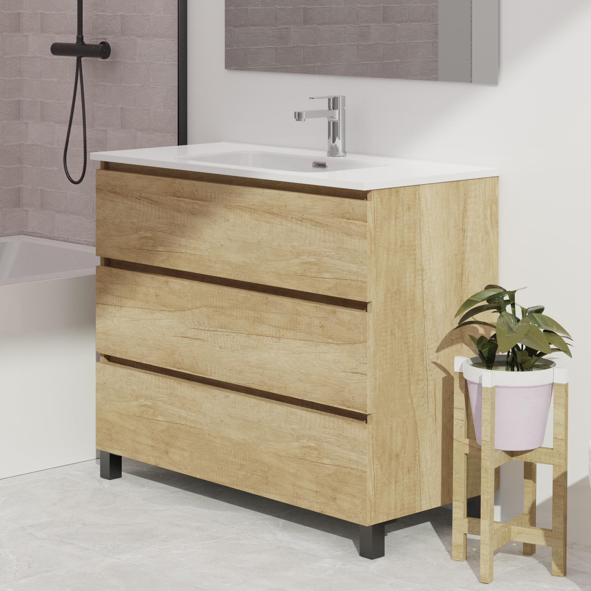 Conjunto de baño Wink | 100 cm Nature | Tres cajones | Lavabo encastrado | No incluye espejo | Mueble montado | Alday