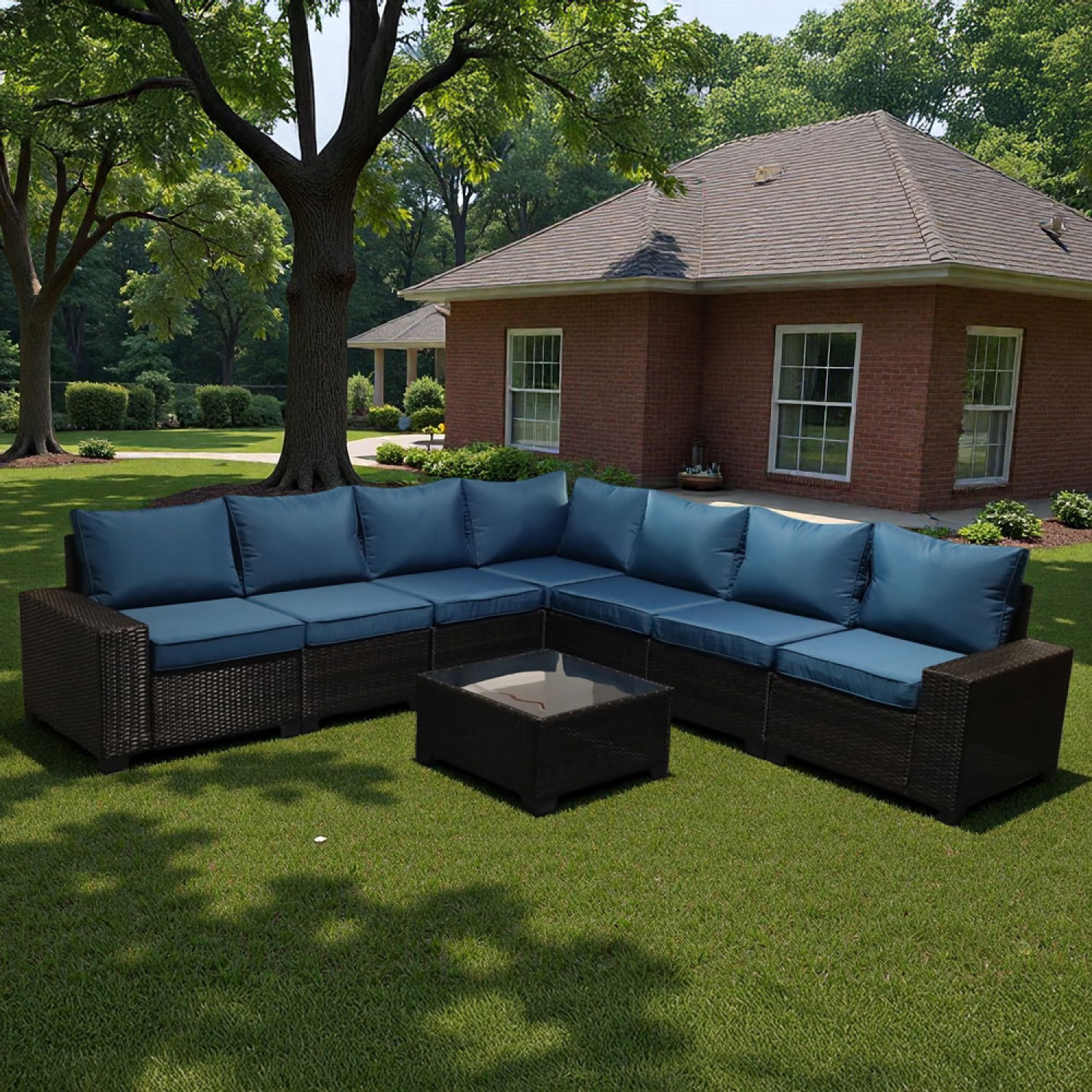 SONIA Salon de jardin d'angle 7 places en résine tressée avec table gris et bleu