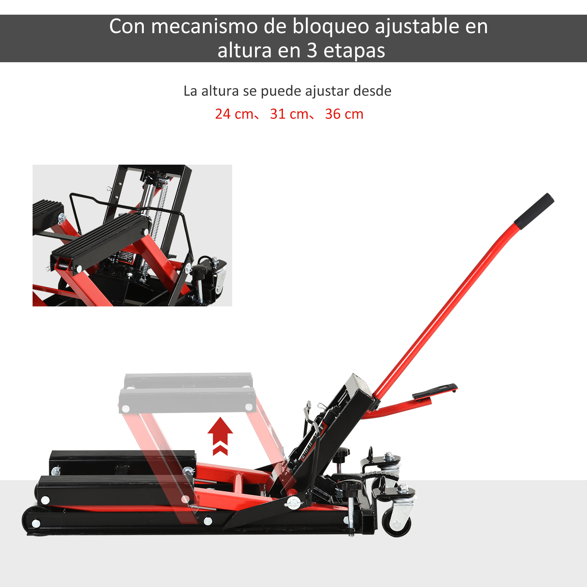 Gato Hidráulico de Motocicletas Acero Soporte 680 kg 110x36x67 cm Negro y Rojo