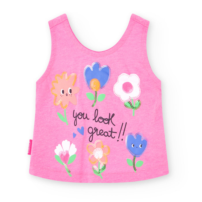 Camiseta niña, algodón estampada, tirantes, rosa