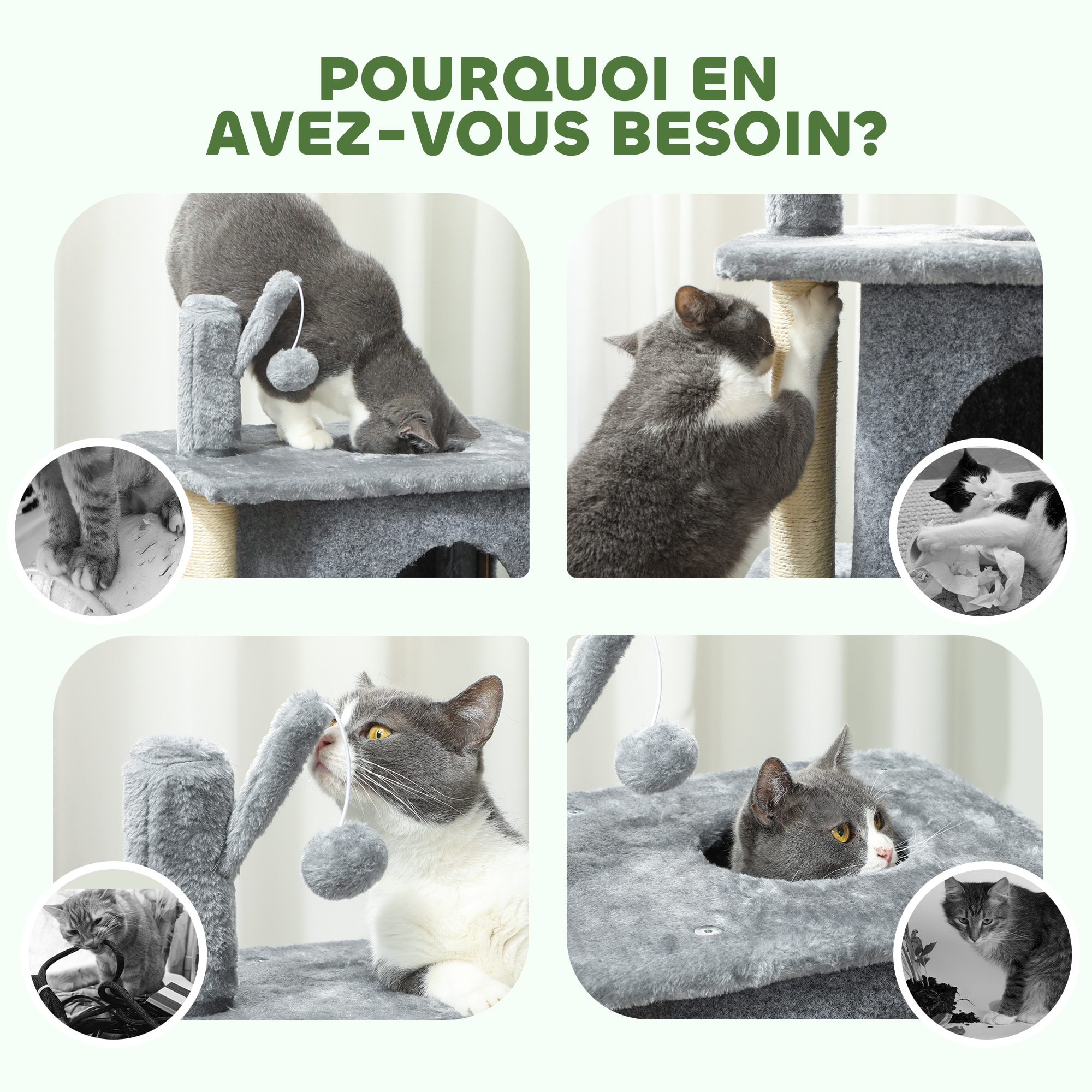 Arbre à chat à 3 niveaux hauteur 80 cm, tour pour chat avec 2 niches et surface de repos confortable, balle amovible, poteau en sisal et peluche douce, pour animal 5 kg, gris foncé