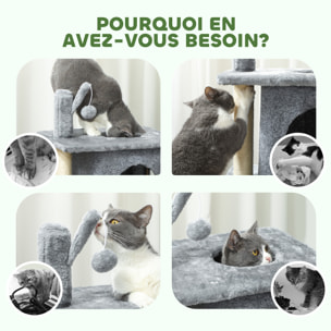 Arbre à chat à 3 niveaux hauteur 80 cm, tour pour chat avec 2 niches et surface de repos confortable, balle amovible, poteau en sisal et peluche douce, pour animal 5 kg, gris foncé