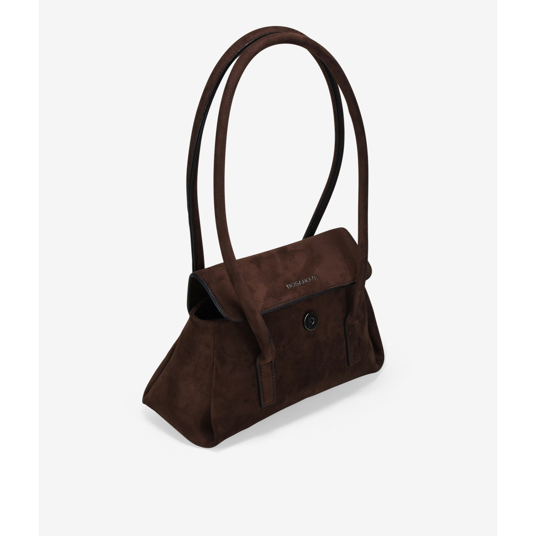 Bolso de hombro marrón con solapa y doble asa