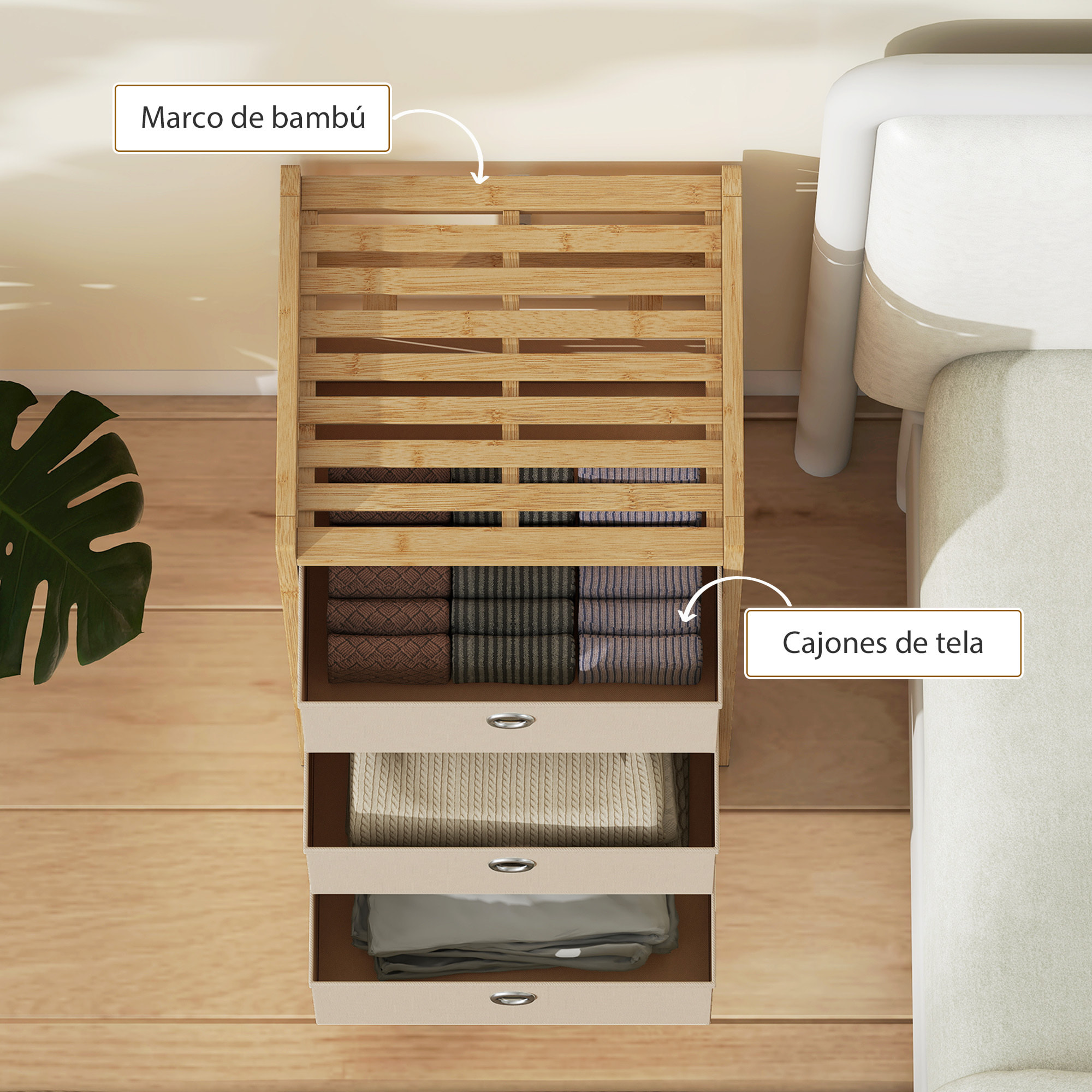 Cómoda con 3 Cajones de Tela, Cómoda para Dormitorio de Bambú, Cajonera para Espacios Pequeños, Salón, Oficina, Vestidor, Crema y Natural