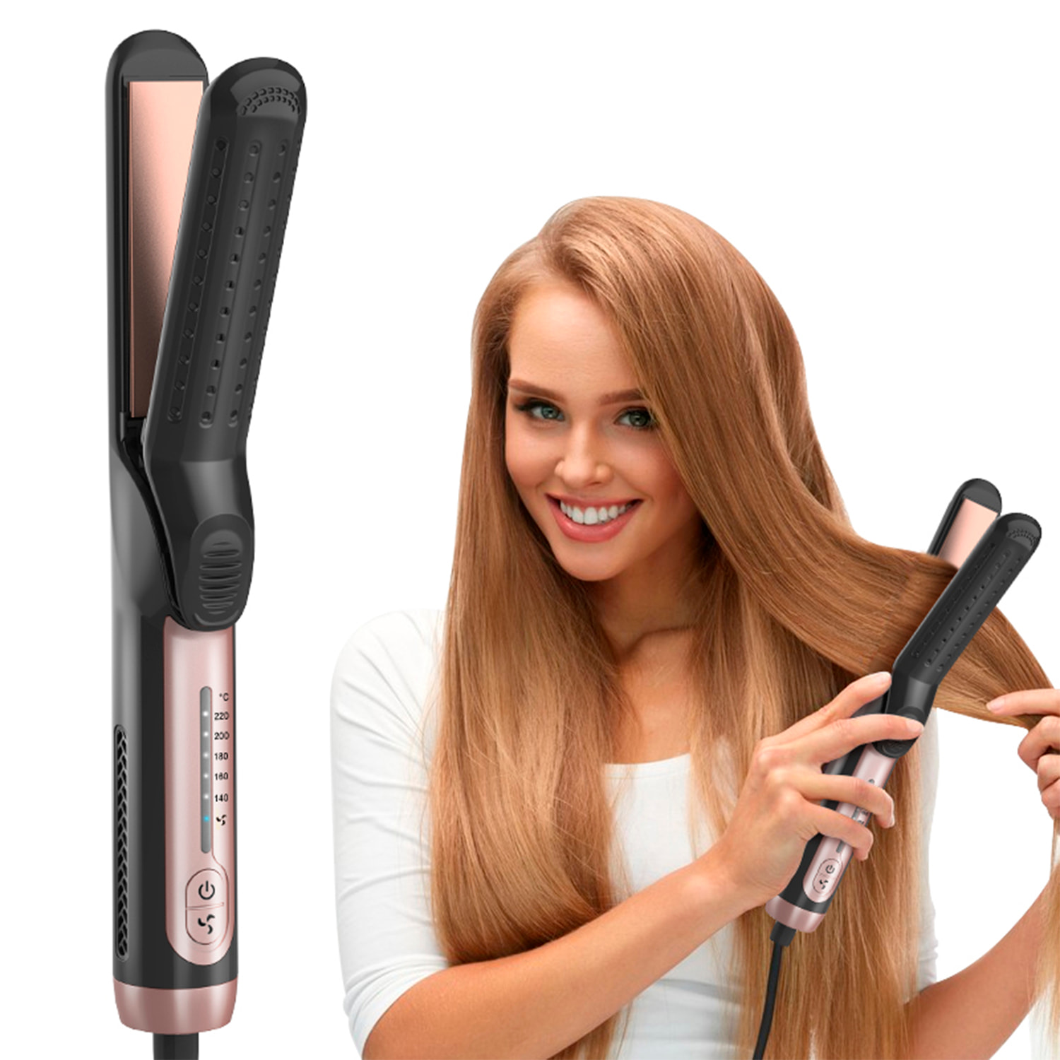 Piastra per capelli 699 con aria fredda e ioni negativi anti-frizz, riscaldamento veloce e 5 livelli di temperatura regolabili da 140°C a 220°C.