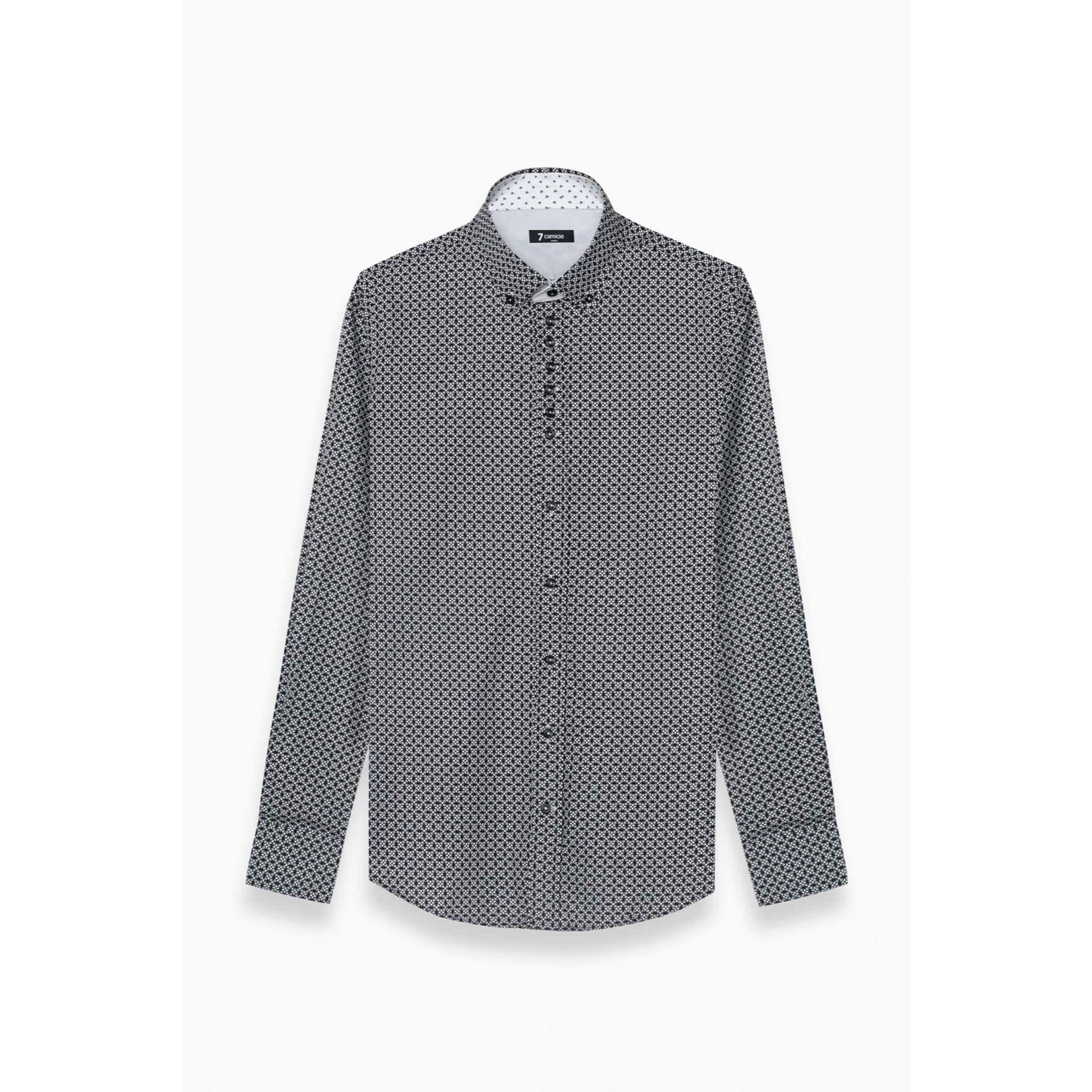 Camicia Uomo 1 Bottoni Button Down Slim Popeline Stampato Nero/Bianco