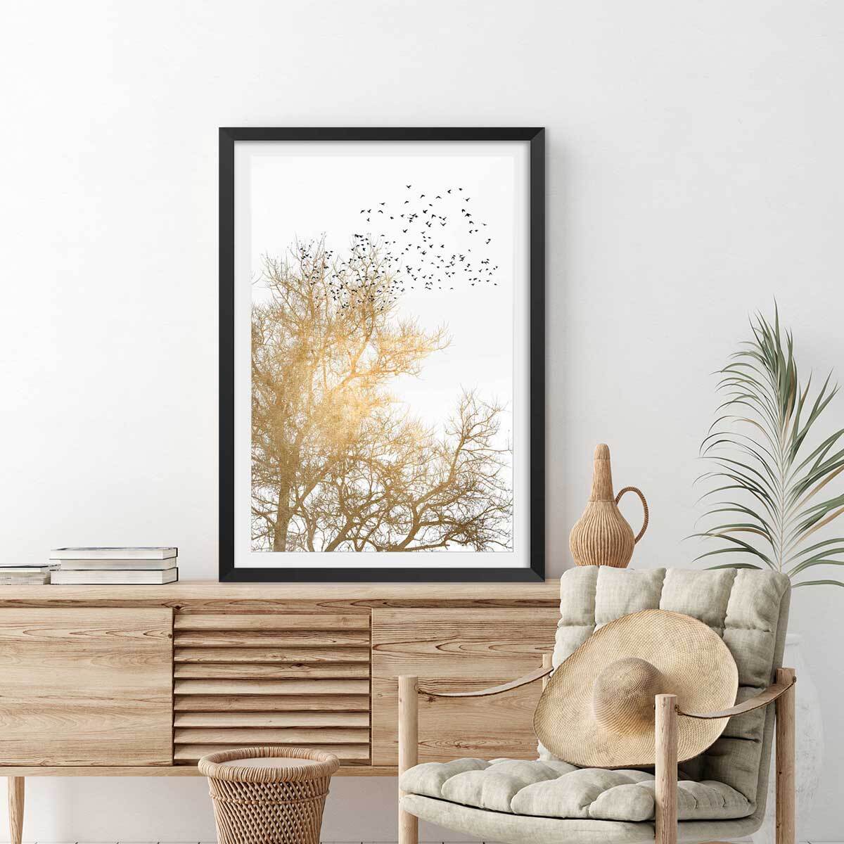 Affiche dessin ""ciel d'or"" Affiche + cadre en bois - Noir