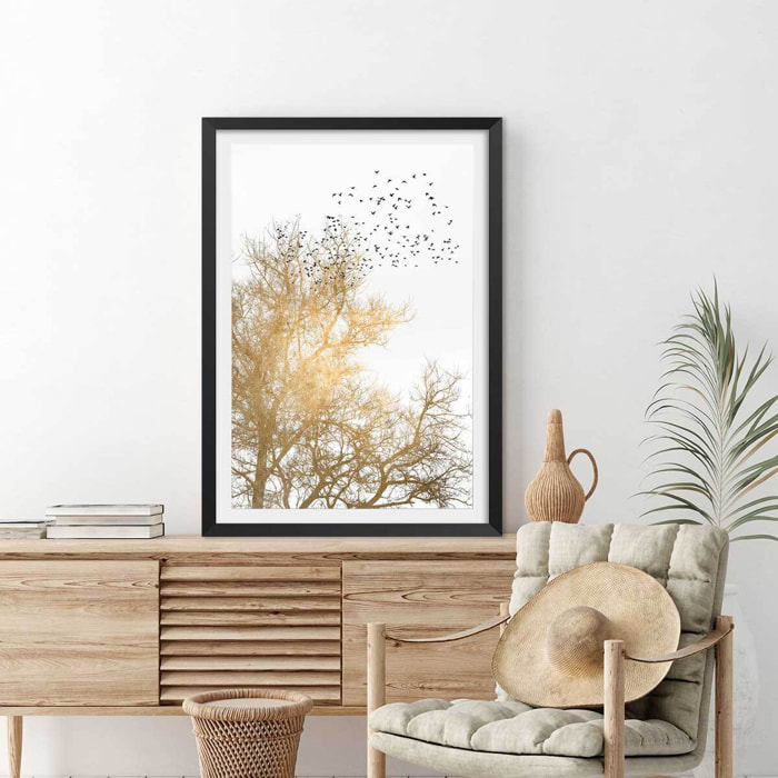 Affiche dessin ""ciel d'or"" Affiche + cadre en bois - Noir