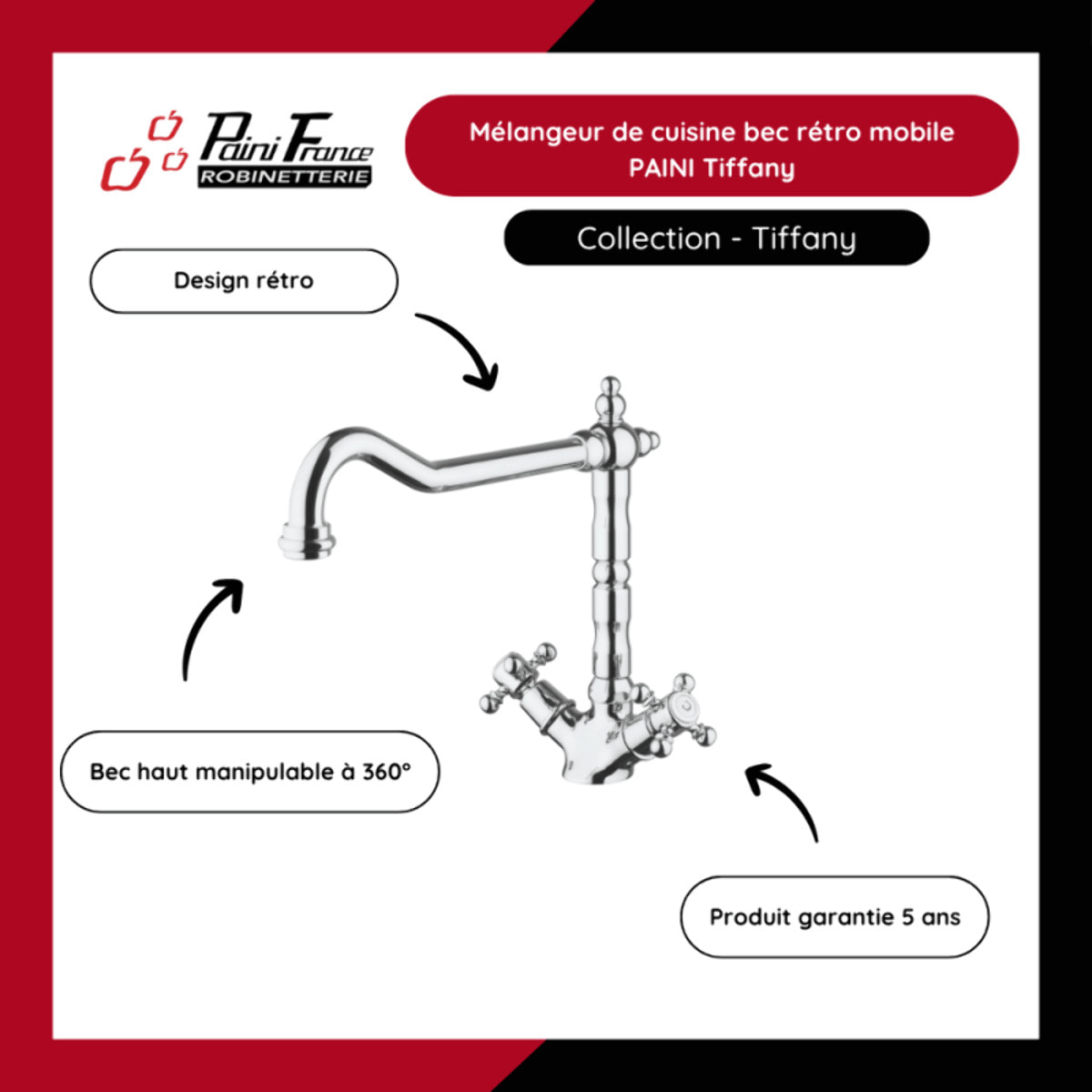 Mélangeur de cuisine bec rétro mobile PAINI Tiffany Vieux Cuivre