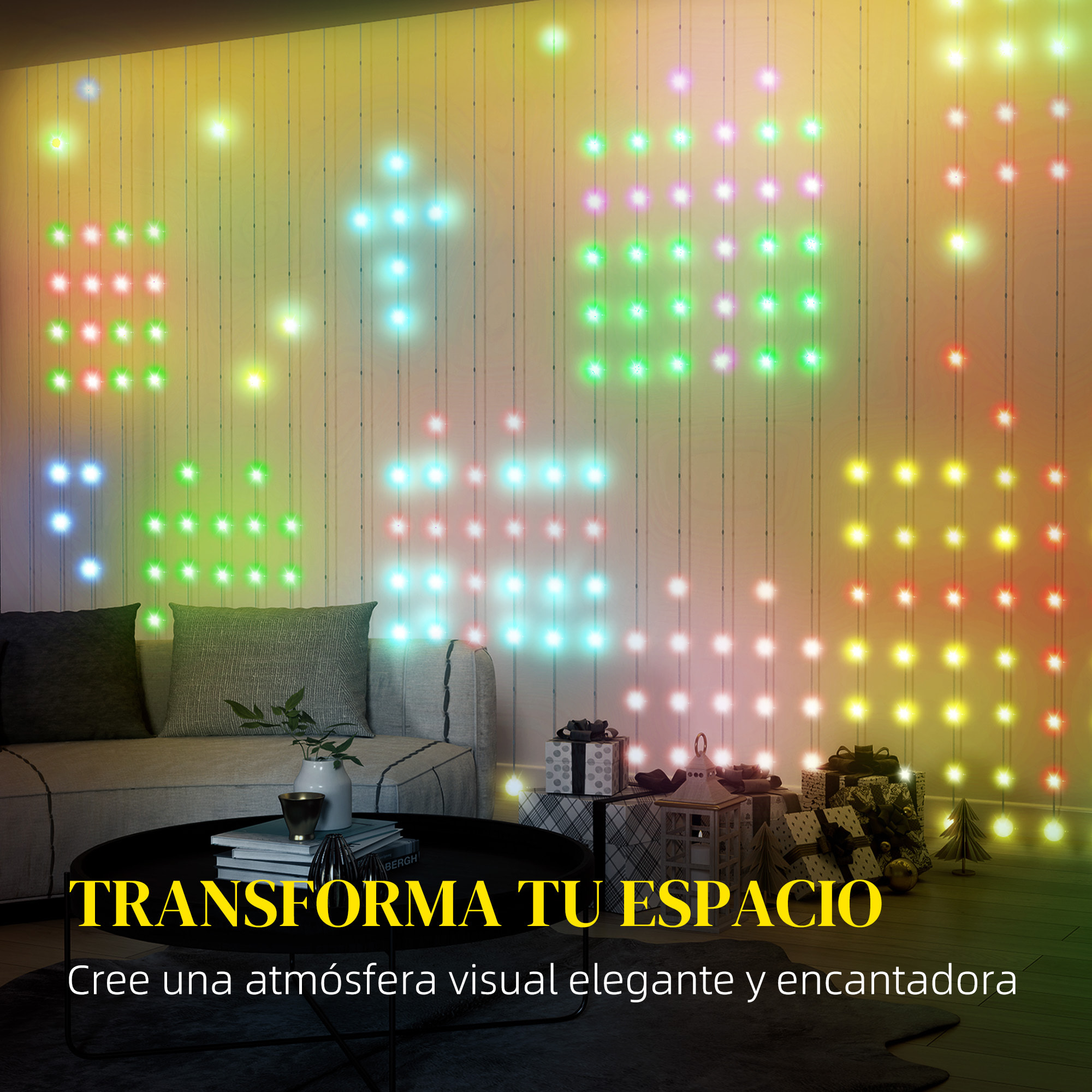 Cortina de Luces 3x3 m Cortina LED Inteligente con 400 Luces LED RGBIC Sincronización Musical Control Remoto y App Efectos Colores Personalizables para Interior Dormitorio