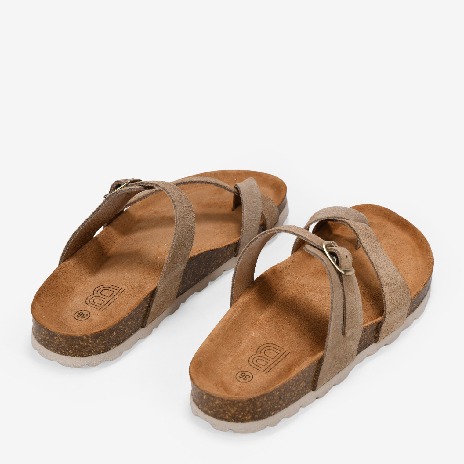 Sandalias de dedo arena en piel con suela de corcho