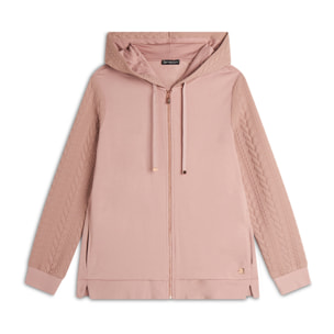 Felpa donna comfort con zip e cappuccio e maniche a trecce