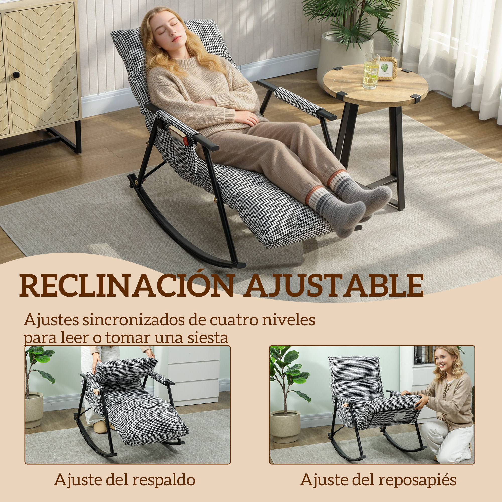 Silla Mecedora con Respaldo y Reposapiés Ajustables, Mecedora Sillón Balancín 105°, Tapizada en Lino, con Bolsillo Lateral y Marco de Metal, Carga 120 kg, para Dormitorio, Salón, Negro y Blanco