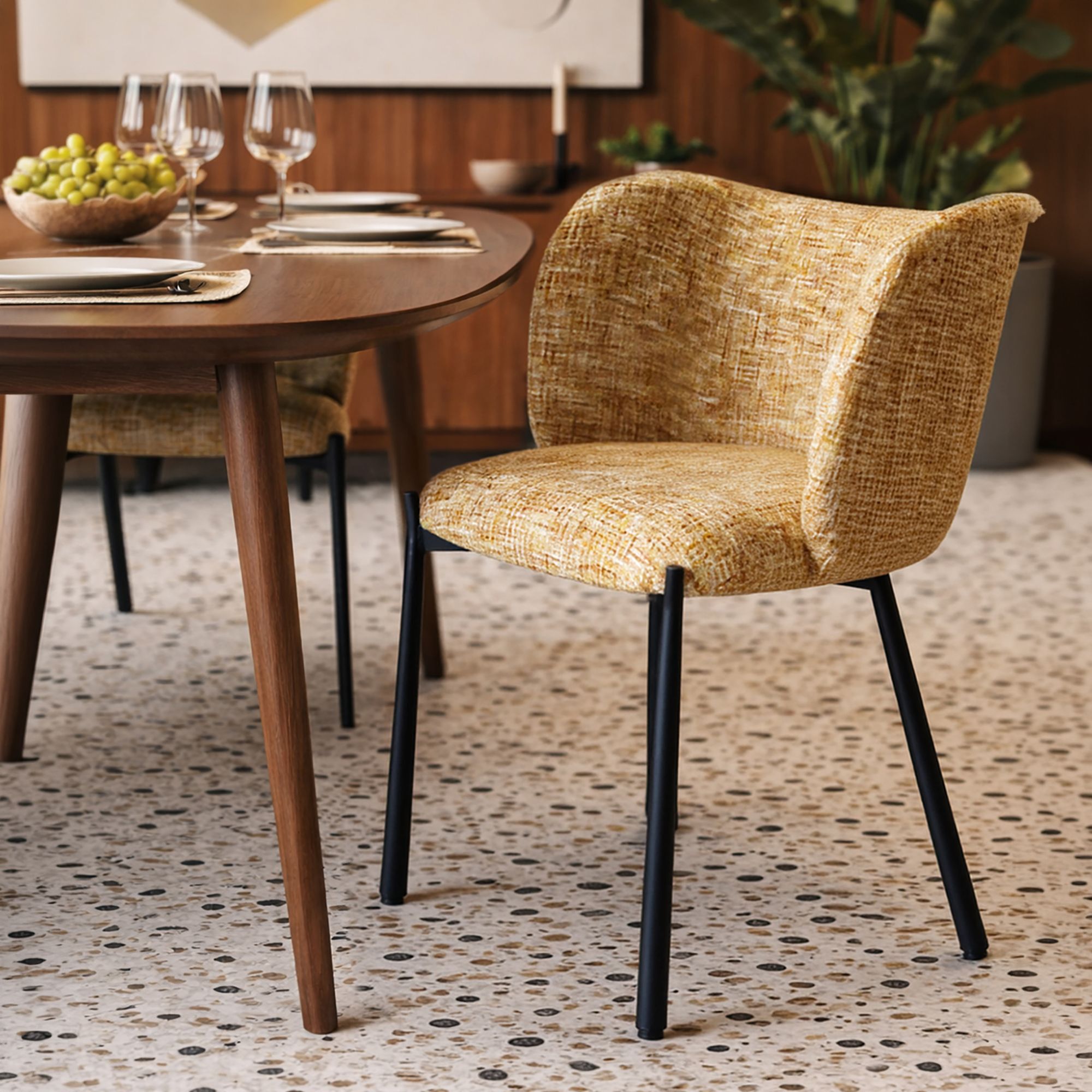 Ensemble table 200cm effet noyer et 6 fauteuils en tissu ocre SUZAN