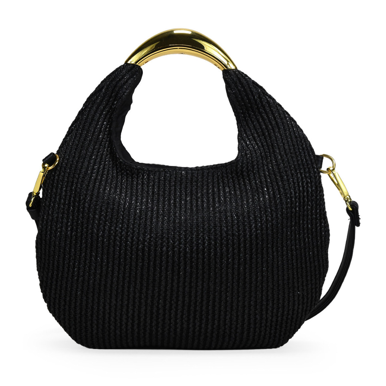 Bolso de mano negro en rafia con metal