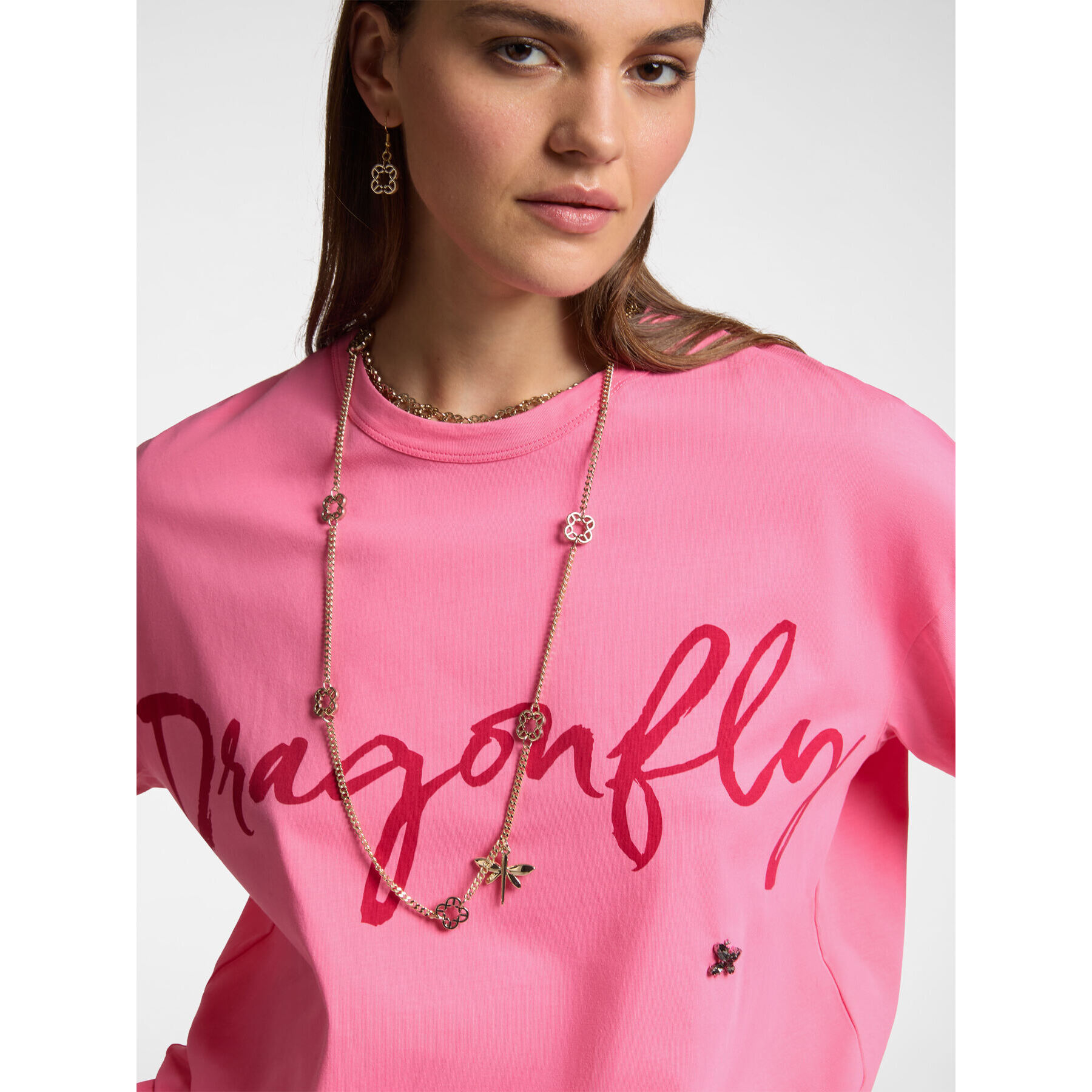 Elena Mirò - Camiseta con inscripción y bordado "Dragonfly" - Fuchsia