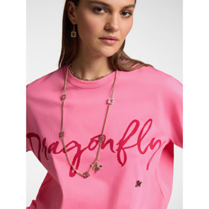 Elena Mirò - Camiseta con inscripción y bordado "Dragonfly" - Fuchsia
